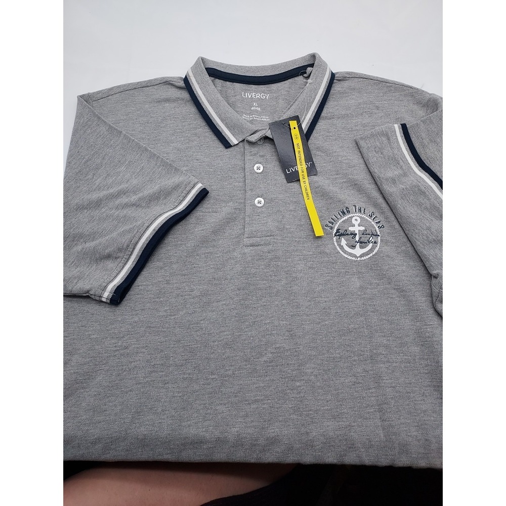 Livergy Mens XL Gray Nautical Anchor Sailing The Seas Pique Polo Shirt‎ NWT